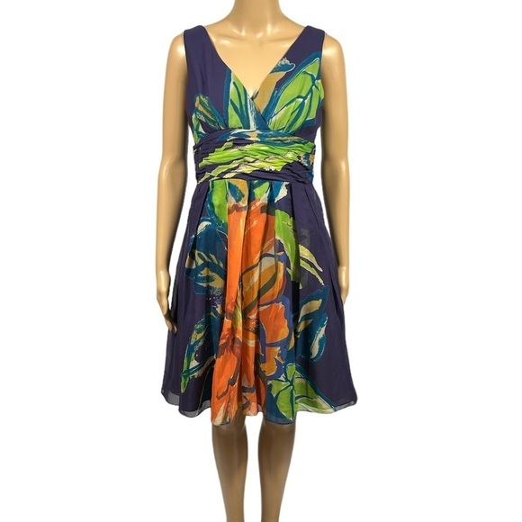 Adrianna Papell Floral Fit&Flare Cinched Waist Chiffon Bridal Prom Mini Dress 8 - Picture 1 of 8